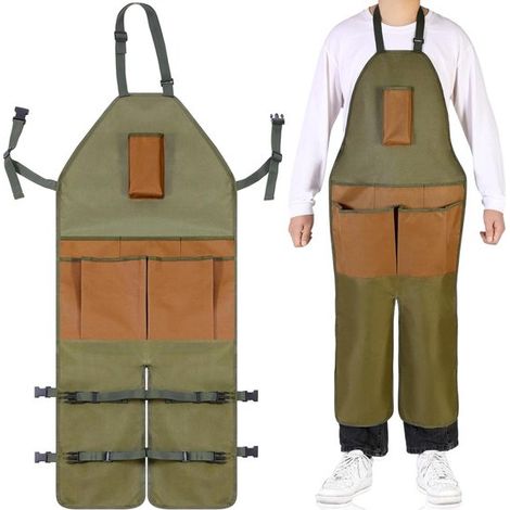 Delantal piernas ajustables, Delantal impermeable 6 bolsillos liberación rápida, Color verde militar, Hebilla ajustable jardinería, Cerámica (1/5)