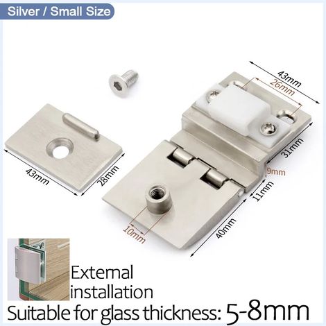 (Extemal Small Silver) Kit de charnière pivotante à 90° pour porte de douche en verre (1 pièce), avec vis de fixation pour vitrine, compatible avec verre de 5 à 10 mm. (1/5)