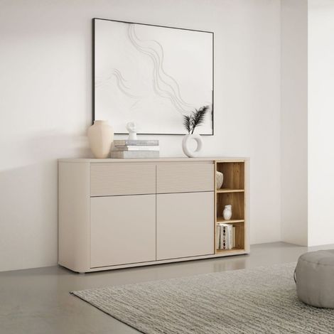 Madia Origin Core 2 ante 2 cassetti con vani a giorno 160 cm cashmere e dettaglio rovere (1/5)