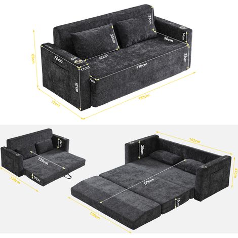 Divano letto 2 posti pieghevole, ciniglia nera e grigia, USB, 2 cuscini DESVIAE (1/5)