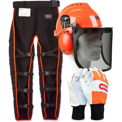 Oregon – Kit de protection tronçonneuse – Jambières anti-coupures EN381-5 Classe 1 Type A – Gants résistants EN381-7 – Casque forestier Yukon
