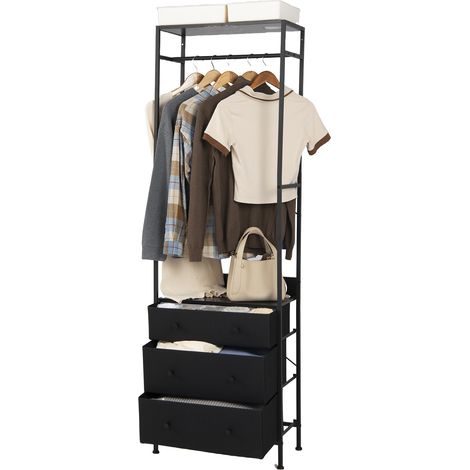 Costway – Portant à vêtements noir avec 3 tiroirs pliables – Tringle de suspension réglable 3 positions – Cadre métal robuste avec renforts en X – Dimensions 55x28x176cm (1/2)