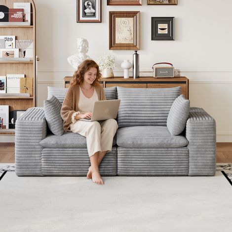 Canapé nuage 180 cm en velours côtelé, design à double couche, rembourrage amovible, sans montage requis – idéal pour le salon, la chambre, les salles de réunion et les appartements, gris foncé. (1/5)