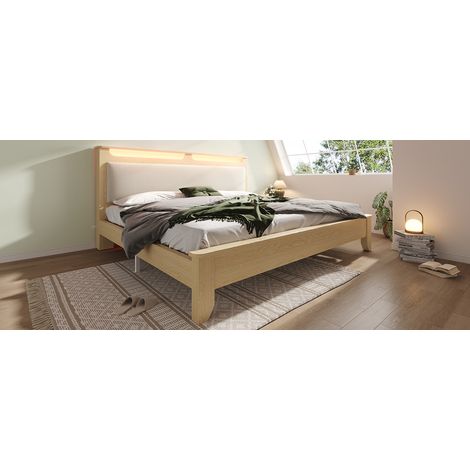 Cama 180x200 cm MDF y tejido beige con LED y estante, para dormitorio, sin colchón – MEUBLIV (1/5)