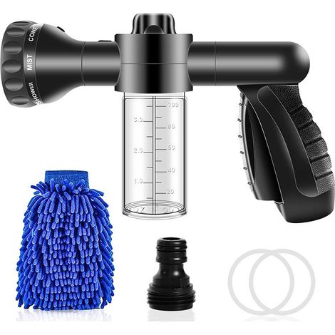 APEX Pistolet d'arrosage avec distributeur de savon et 8 modes de pulvérisation, pulvérisateur d'eau à mousse, adapté aux jardins (noir) (1/5)