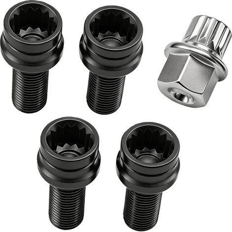 4 Tornillos de Rueda Antirrobo M14 x 1,5 mm en Acero Aleado Negro, Tuerca Antirrobo de Alta Resistencia con Llave de Seguridad para Protección de Llantas, Compatible con Coches Europeos (1/5)