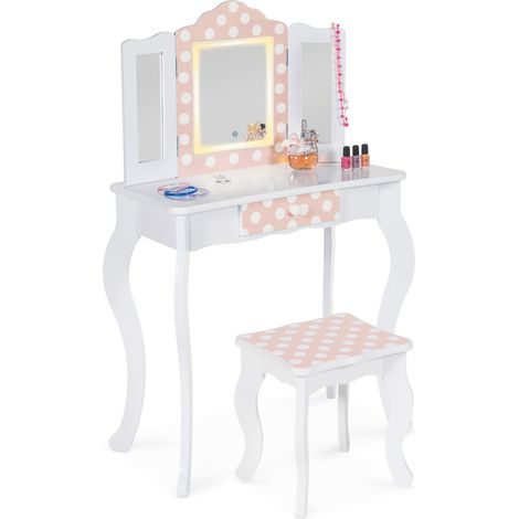Kinderfrisiertisch ROZA LED weiß und rosa mit 3 Spiegeln und Hocker