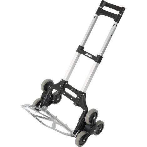 STIER Aluminium Sackkarre Treppensteiger, Tragkraft 70kg, Sackkarre klappbar, Griff Höhenverstellbar, Ladefläche mit Antirutsch-Profil, Vollgummi-Bereifung, Treppensackkarre