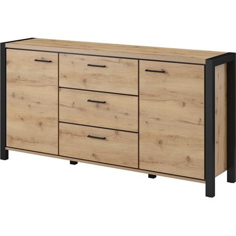 Buffet 180cm Kollektion TIVORA 2 Türen, 3 Schubladen. Farbe Eiche und Schwarz.