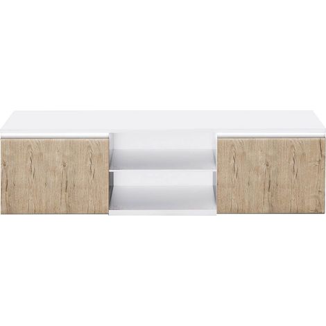 CHRIS OAK - Meuble TV Blanc Laqué Brillant Aspect Bois avec Led