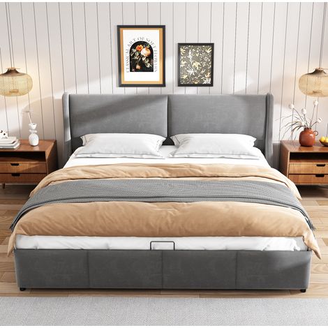 lit adulte double rangement coffre 160x200 velours gris OKMYHOME (1/5)