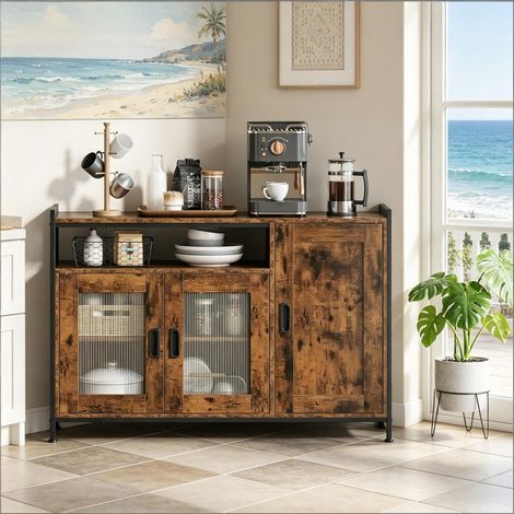 Buffet de Cuisine - 110x75x33cm - Sideboard Bas Style Industriel avec Niche Ouverte Étagères Réglables - Marron Rustique (1/5)