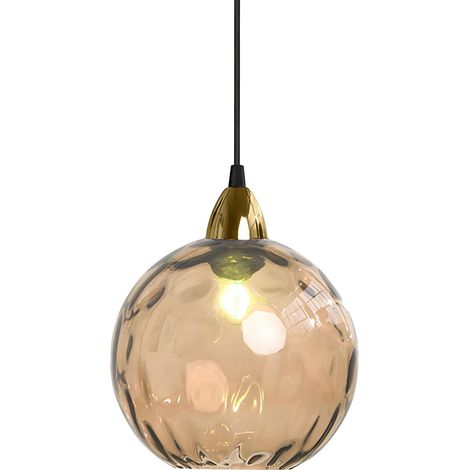 20cm/7.9'' Lampe à Suspension Sphérique Industrielle en Verre, Lampe de Plafond Suspendue E27, Finition Dorée et Abat-Jour en Verre Ondulé, Plafonnier Pour Salle à Manger (Ambre, 20cm) (1/5)