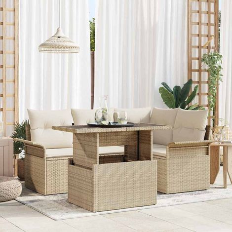 Ensemble canapé de jardin modulable 5 pièces en poly rotin beige, 4 places avec table - PANGIVO (1/5)