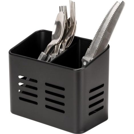 Panier à couverts en métal thermolaqué noir - Égouttoir pour couverts de table - 16 × 13,5 × 9 cm - Accessoire de cuisine (1/5)