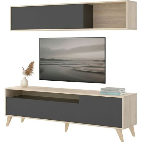 Dmora - Mueble TV Tambo, Conjunto de salón mueble TV, Mueble salón multiusos, 180x41h180 cm, Antracita y Roble Nodi