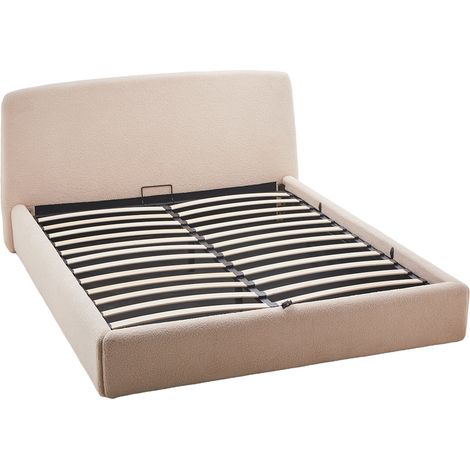 Bestmobilier – Lit coffre 160x200 cm – Tissu bouclette beige – Grand coffre de rangement – Sommier à lattes inclus – Design épuré moderne (1/5)