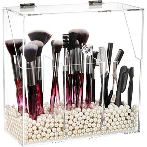 Porta pennelli da trucco trasparente con coperchio e perle bianche - 3 scomparti regolabili - Organizer in acrilico per cosmetici e gioielli (1/5)