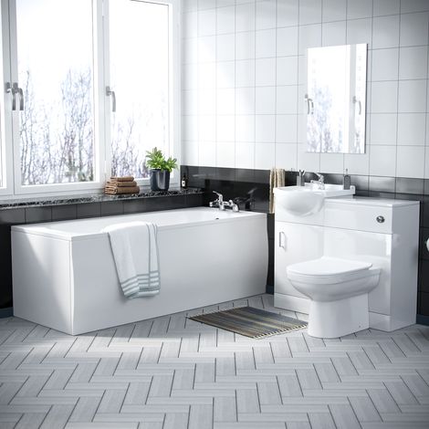 Dyon 1700mm Bath, 450mm Vanity Basin Unit Flat Pack, WC Unit & Elso Back To Wall Toilet White (1/5)