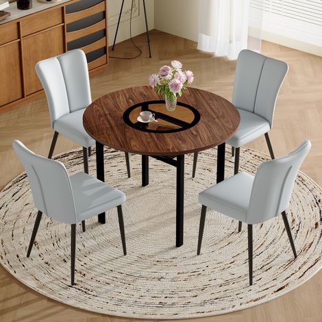 Conjunto de mesa de comedor redonda Ø100 cm con 4 sillas de PU gris, tablero de MDF marrón con cristal incrustado, efecto madera, patas de metal (1/5)