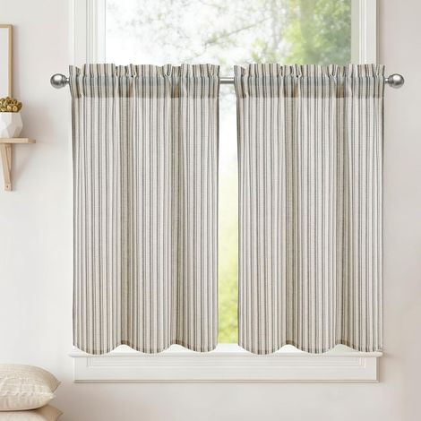 Rideaux de Cuisine à Rayures en Aspect Lin - Court - Gris - Style Moderne - H90xL60cm - Rideaux de Fenêtre Semi-Transparents - Pour Chambre d‘Enfant, Salon, Bistro - Rideaux de Cuisine pour (1/5)