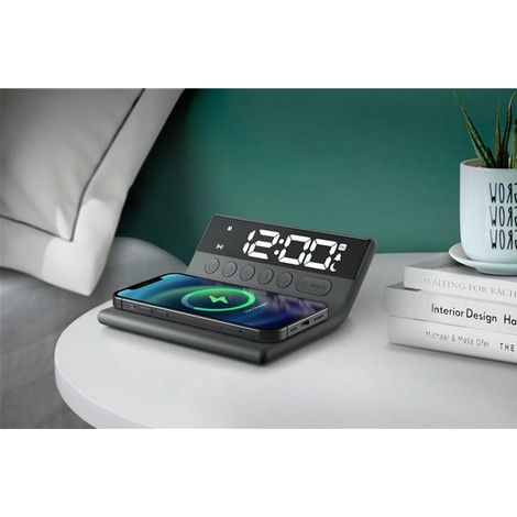 Wecker mit kabellosem Smartphone-Laden – Großer LCD-Bildschirm – Schwarz – Muse