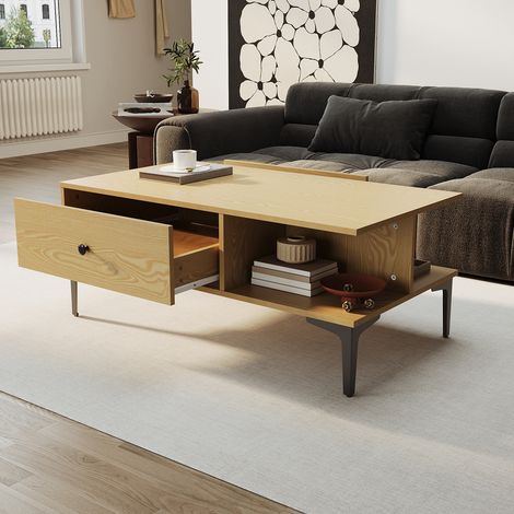 SIRHONA Table basse fixe avec tiroir Table basse rectangulaire Table basse avec étagère Meubles couleur bois, 100x55x40 cm (1/5)