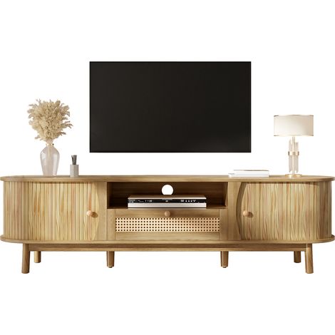 Meuble TV avec portes et tiroirs en rotin, portes en bois massif, style campagne chic – meuble bas avec rangement