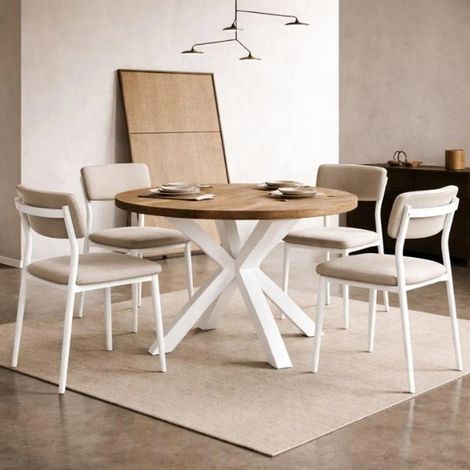 Table de salle à manger ronde extensible RAL avec pieds en bois, style loft, industriel, diamètre : 90 / 140 cm, couleur :Craft or / blanc