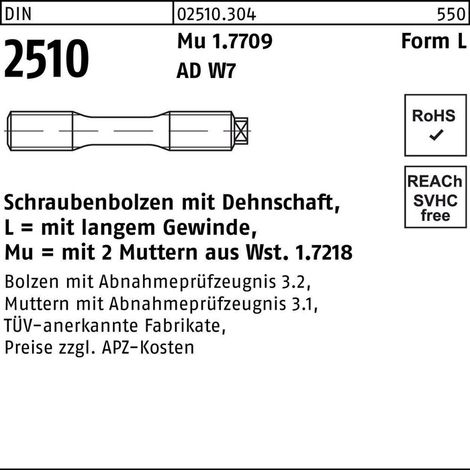 DIN 2510 Form L Dehnschraube M12x70 1.7709 (21CrMoV5-7) blank m. 2 Muttern (1/2)