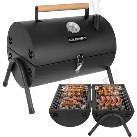 Barbecue touristique 36,5 x 28 x 41,5 cm avec couvercle, thermomètre, 2 grilles et 2 plateaux