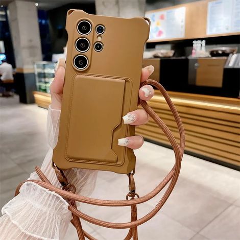 (Marron, Galaxy A14) Étui de téléphone en silicone souple avec emplacement pour carte SIM, cordon et protection antichoc.