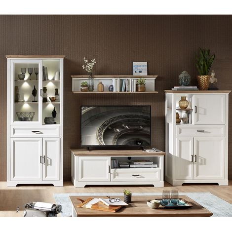 Wohnwand mit TV-Lowboard und Vitrine inkl. LED JÜLICH-36 Landhaus-Stil Pinie hell & Artisan Eiche Nb. B/H/T: 354/204/51 cm (1/5)