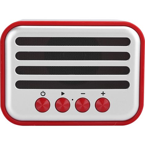 Enceinte audio portable sans fil Bluetooth vintage, petite et légère, avec radio et mini caisson de basses, rouge. (1/5)