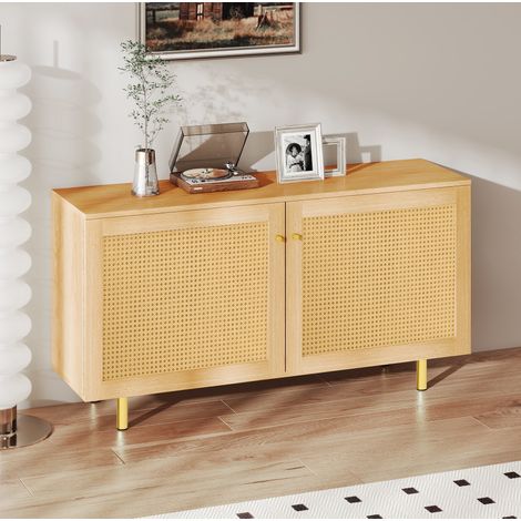 Aparador de MDF color natural con 2 puertas de ratán trenzado, balda interior y patas metálicas 120 x 40 x 63 cm (1/5)