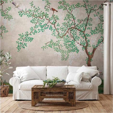Sfondo fotografico Profhome 382331 Carta da parati TNT goffrata a caldo liscia con uccelli opaca grigio verde beige bianco 3,71 m x 2,8 m (1/5)