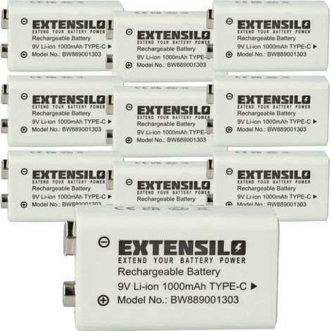 EXTENSILO 10x 9V-Akku Block kompatibel mit Daitem DC270, DC271, D21, DC272 (1 Ah, 9 V, Li-Ion), ready-to-use, mit USB-C Buchse
