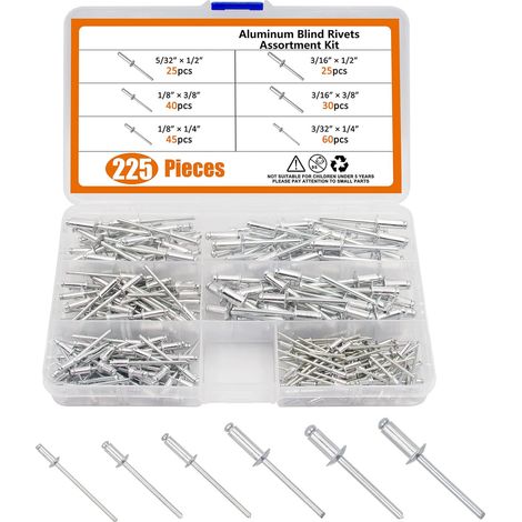 Rivet 5/6/64 6 Tailles Assortiment Rivets Aveugle 5/6 225 pièces 6,4 mm Aluminium Bois Plastique Métal (1/5)