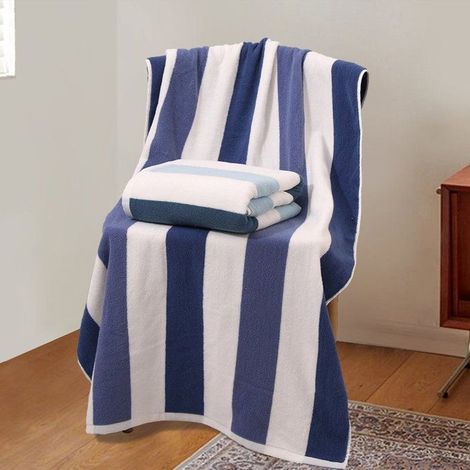 Serviette de bain rayée en coton 70x140 cm, séchage rapide, grand format, bleu, pour douche, piscine, spa et salle de sport. (1/5)
