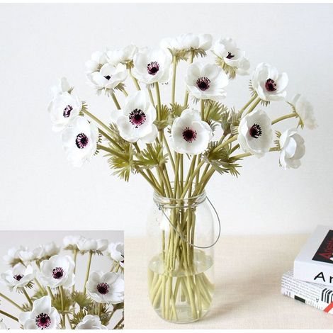 Künstliche Anemonenblume – realistische PU-Haptik – Weiß – für Zuhause, Büro, Restaurant und Hochzeitsdekoration – 10 Stück (1/5)