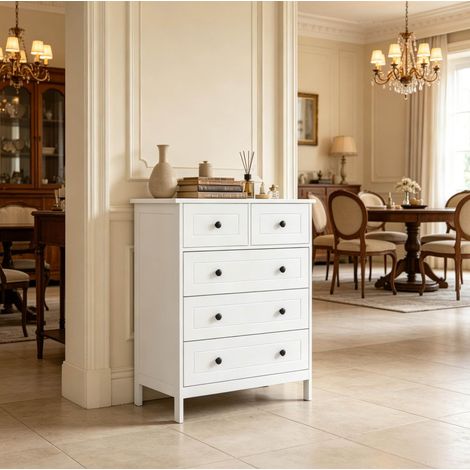 Commode 74/40/91 cm blanche à 5 tiroirs avec dispositif anti-basculement (1/5)