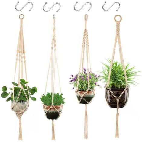 Macramé Suspension Plante Corde 4 Pcs Pot Suspendu Plante Porte Décoration du Jardin Intérieur Extérieur avec 4 Crochets Suspendus (1/5)