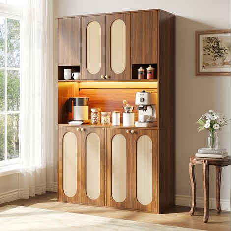 Buffet haut avec LED, 8 portes, MDF et PE rotin, 106 x 40 x 178 cm, naturel, REDOM (1/5)