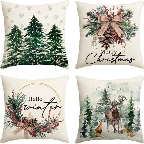 Lot de 4 Housses de Coussin de Noël,Housse Coussin Exterieur,Lin Décoratif Taie d'oreiller,Coussin Decoratif Canape,Arbre de Noël,pour canapé,Maison,lit,Bureau,café (1/5)