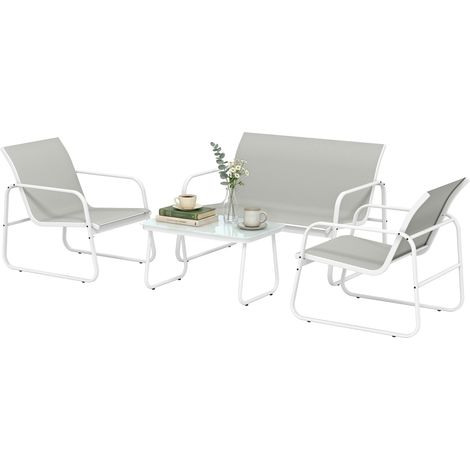 Canapé 2 places + 2 fauteuils jardin extérieur avec table verre trempé gris clair 4 pièces