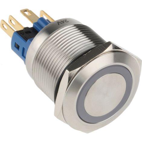 Bouton-poussoir, Verrouillable lumineux, LED Bleu, Unipolaire à deux directions (1RT), 5 A @ 250 V c.a., Argent, ( Prix pour 1 ) (1/4)