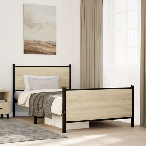 Estructura de cama sin colchón metal roble  100x200 cm