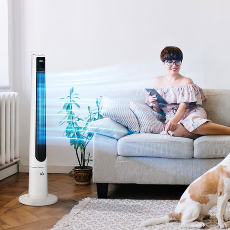 Ventilateur tour silencieux 50 W avec télécommande, 3 vitesses, 3 modes, minuterie 12 h, oscillation à 40°, blanc