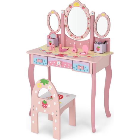 lot de coiffeuses 2 en 1 pour enfants 70 x 34 x 105 cm usage polyvalent avec miroir amovible style princesse en mdf rose