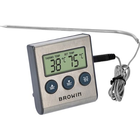 Browin 185609 - Termometro per alimenti con sonda in acciaio inox, lunghezza 1,5 m, temperatura 0-250°C, termometro per cottura e grill con timer e allarme, display elettronico LCD (1/5)